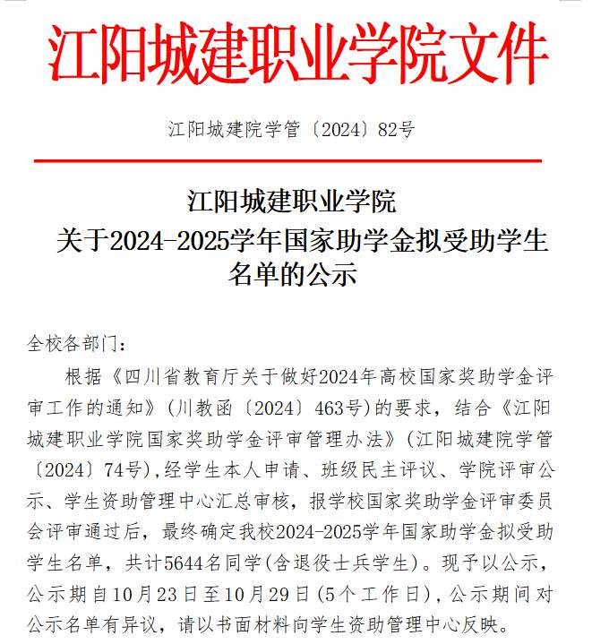 江阳城建职业学院关于2024-2025学年国家助学金拟受助学生名单的公示